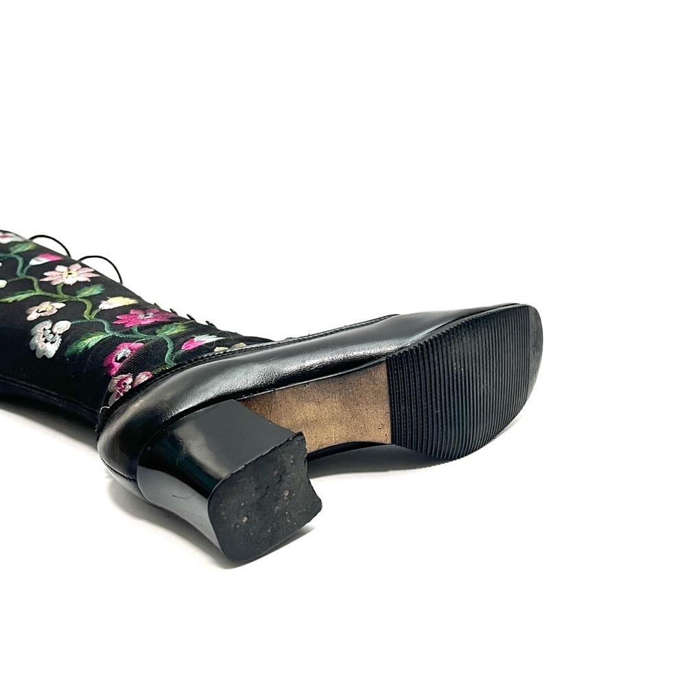 Vintage 1970s black canvas floral embroidered lace up knee high Penny Lane boots - Picture 8 of 9